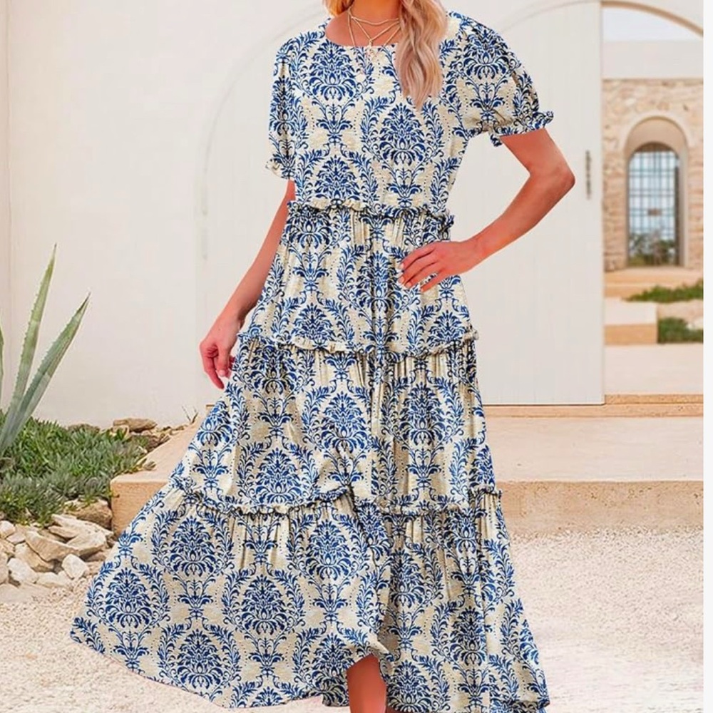 Sold - NWT - Bohemian Floral, Short Sleeve, Round neck Maxi Dress with POCKETS!
